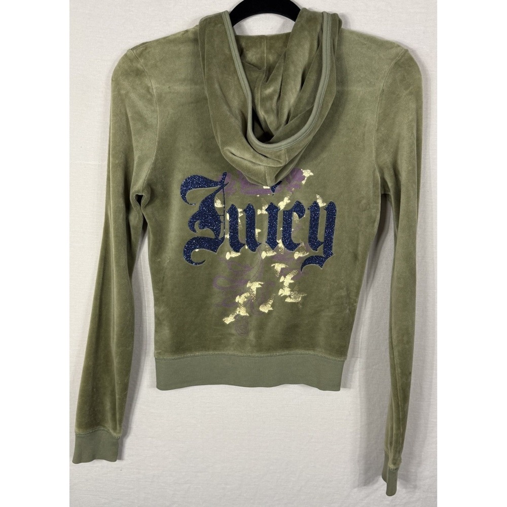 Juicy Couture Velour Zip Hoodie Green Crop Jacket Spellout Back Logo Women's S